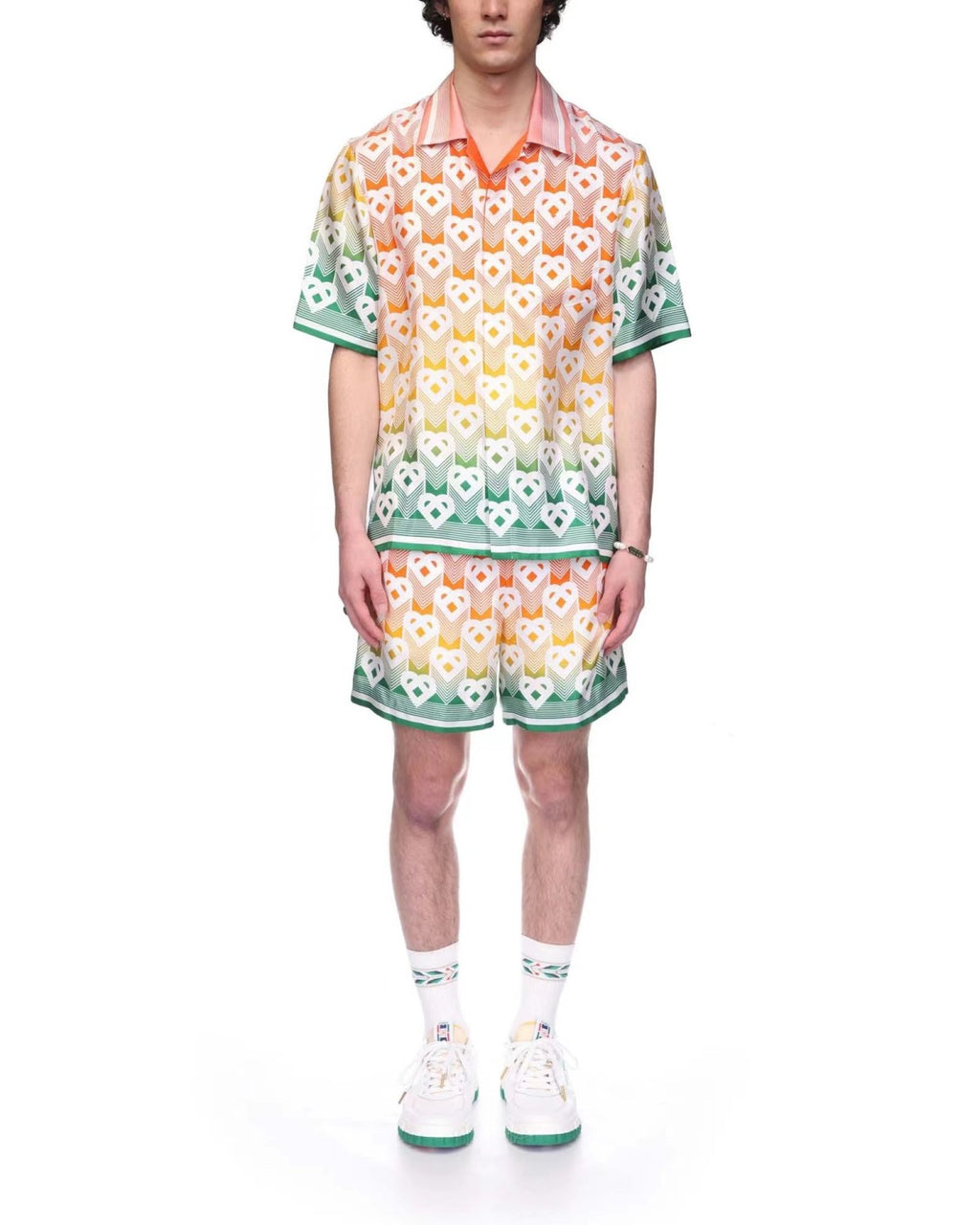 Casablanca Men's Summer Gradient Heart Printed Silk Short Sleeve Shirt Casual Elastic Lace-Up Shorts Ngvp  #8677