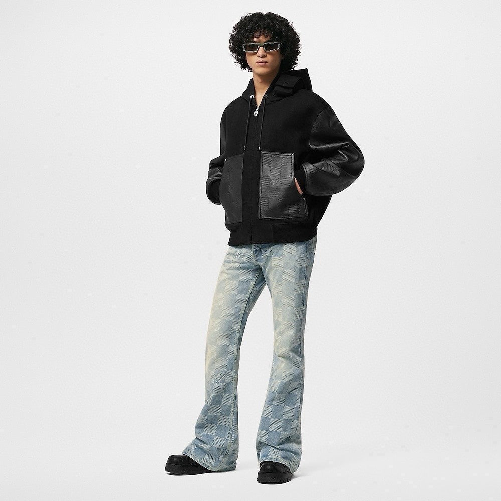 Louis Vuitton Men's Fall And Winter Black Suede Patchwork Hooded Drawstring Zipper Long Sleeve Jacket #73342