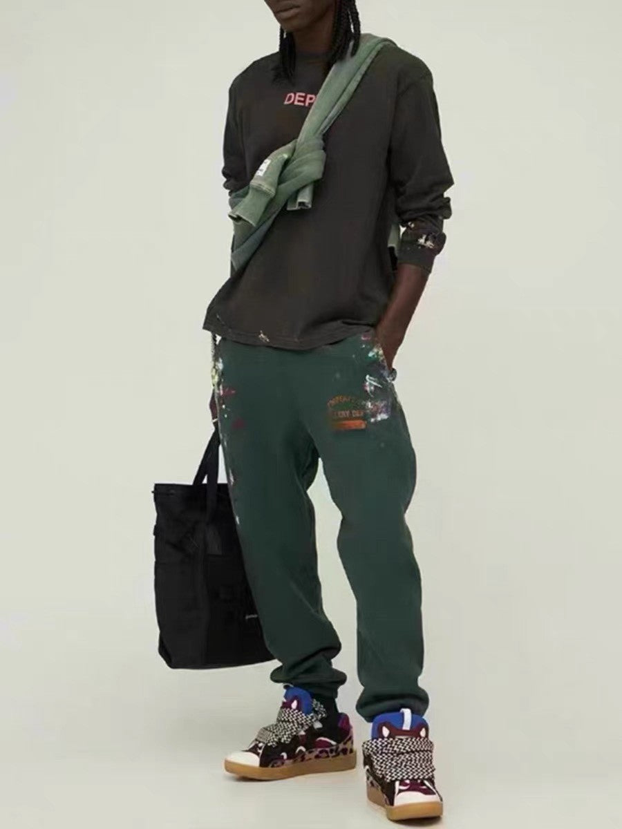 Gallery Dept. Men's Spring And Autumn Graffiti Letters Printing Solid Color Do Old Hooded Sweatshirt Casual Ink Splash Elastic Waist Drawstring Pants Ngvp #9291