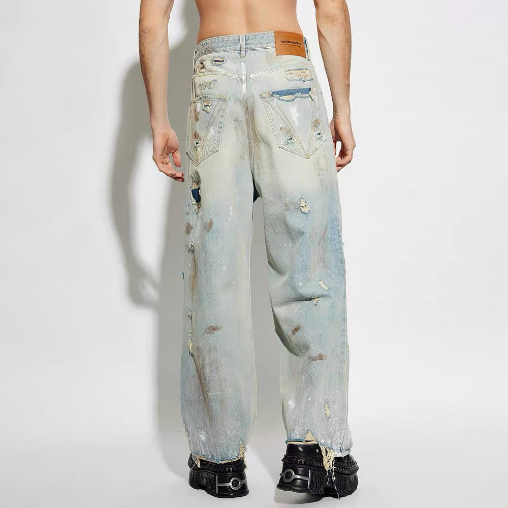 Vetements Men's Four Season Mid Rise Solid Color Distressed Holes Jeans Casual Cotton Loose Wide Leg Pants Ngvp #1211