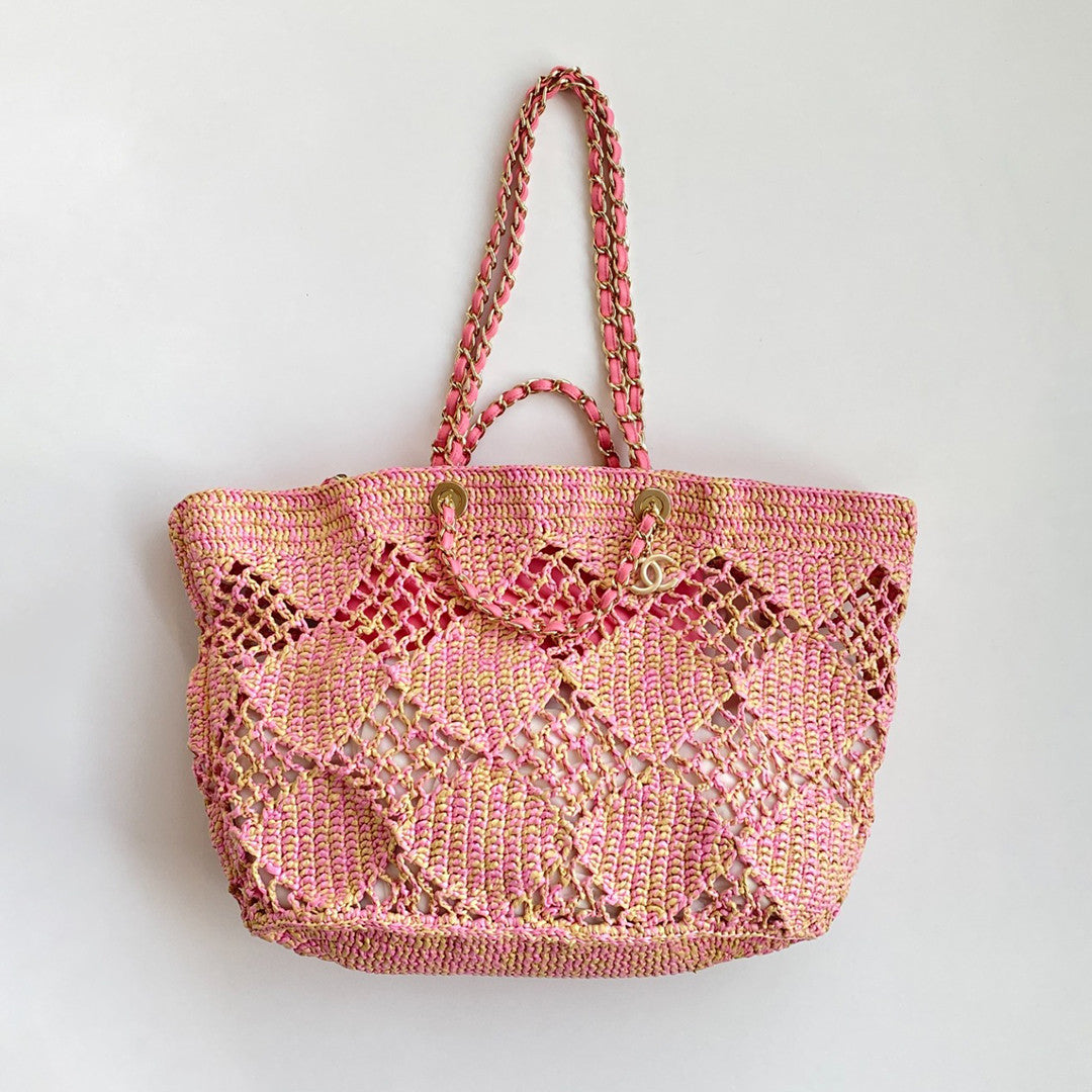 Chanel Women's CoCo Beach Collection Raffia Woven Shopper Colorblocking Large Small Tote Bag Bags AS4714-B15546-NW425 #81287