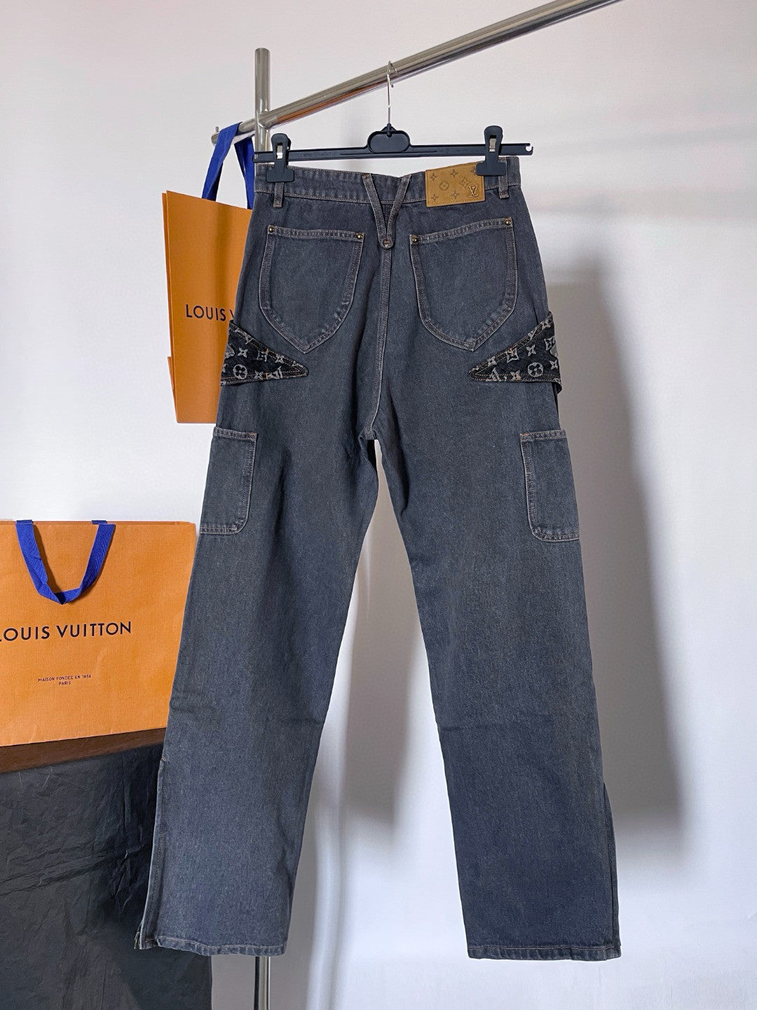 Louis Vuitton Monogram Flower Denim Pants Men's Black Logo Letter Print Irregular Fit Jeans #98869