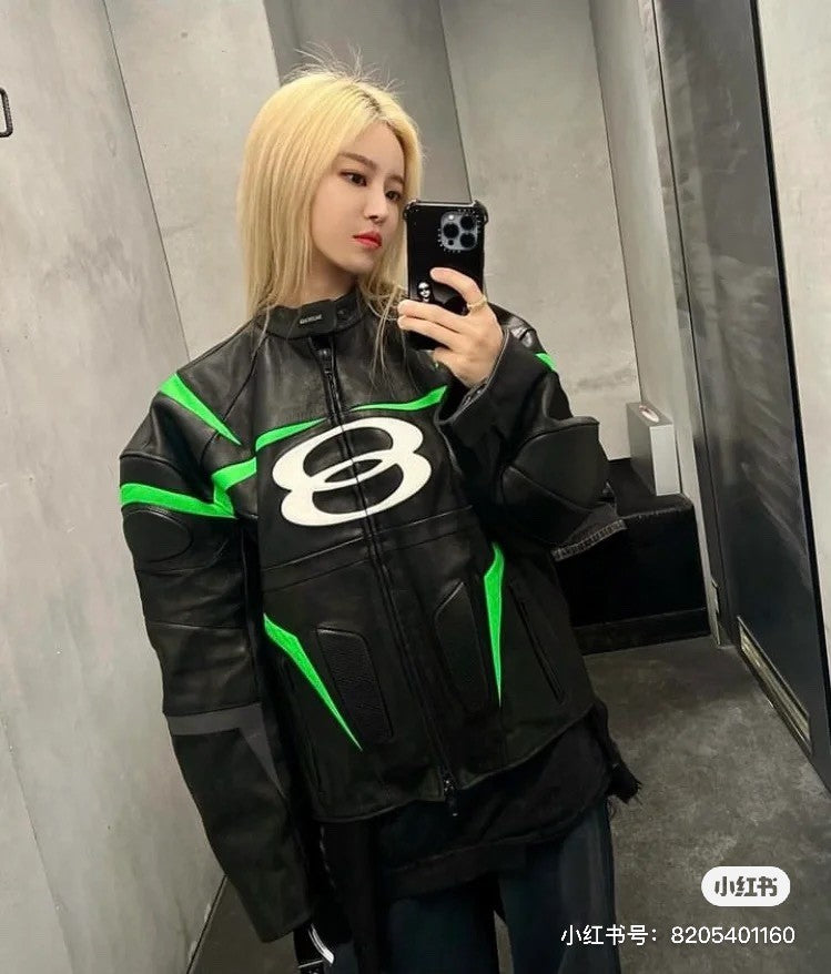 Balenciaga Men's Women's Autumn And Winter Cowhide Splicing Zipper Letters Embroidery Long Beard Loose Unity Sports Idol Black Racer Jacket Ngvp #8577