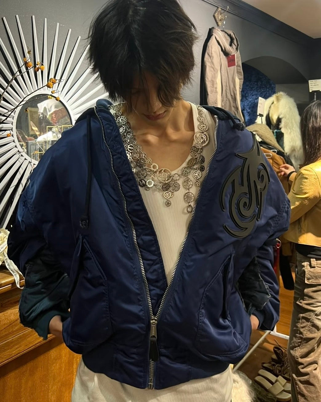 Vetements Men's Autumn And Winter Blue Hooded High Street Cotton Jacket Fashion Retro Trend Applique Zip Jacket Ngvp #9939