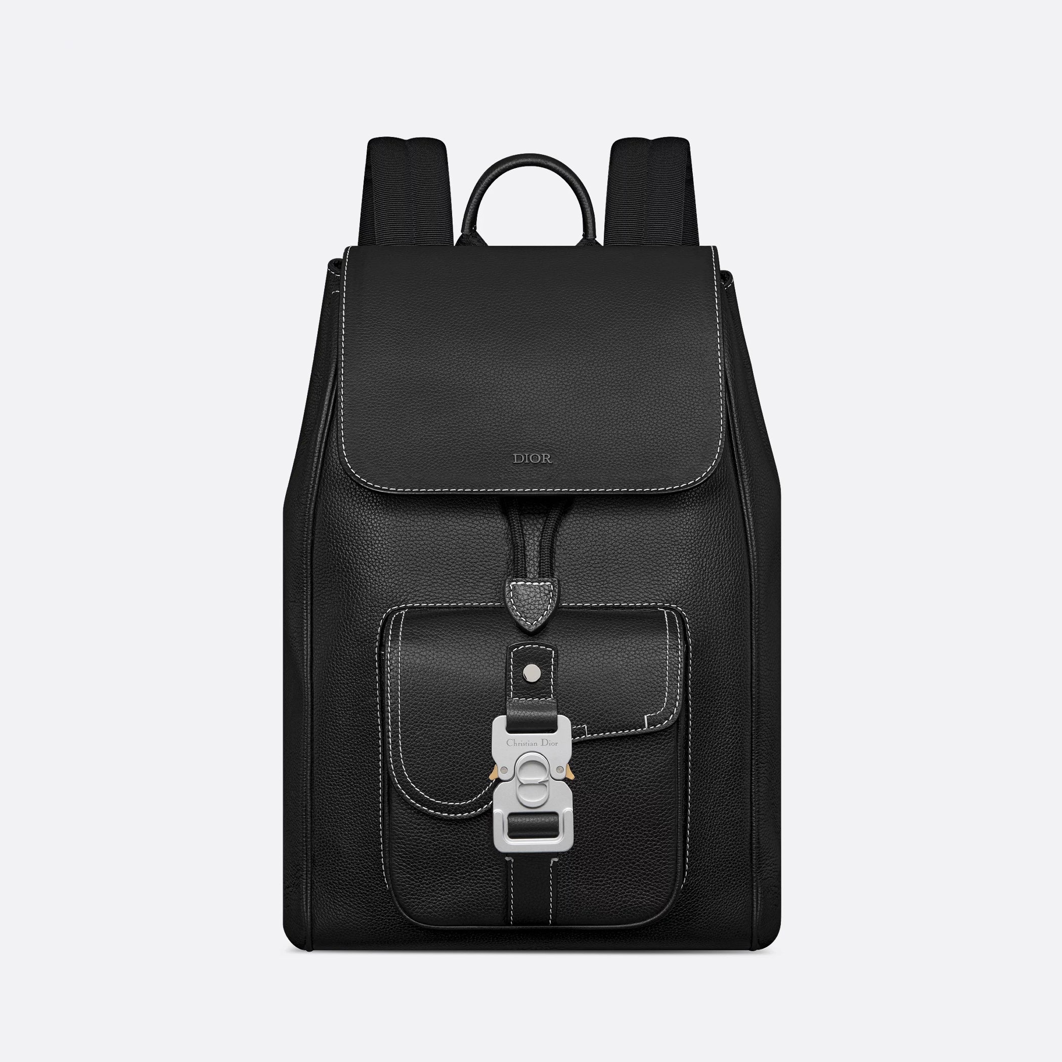 Dior Men's Solid Color Adjustable Shoulder Strap Flap Drawstring Closure Grained Cowhide Shoulder Bag Bags #75297