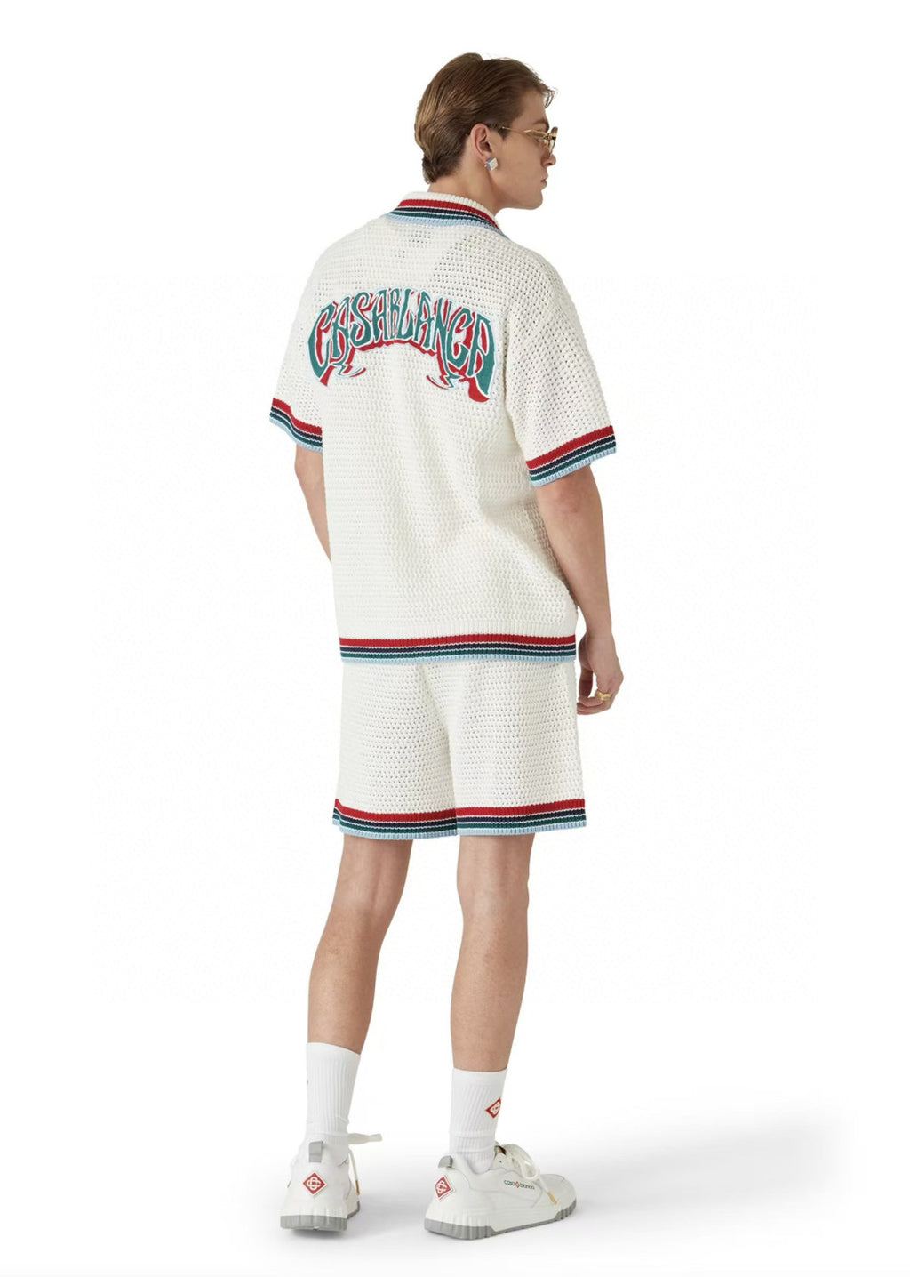 Casablanca Men's Summer Solid Color Skeleton Knit Breathable Single Breasted Short Sleeved Shirt Drawstring Tie Casual Knit Shorts Suit Set #76351