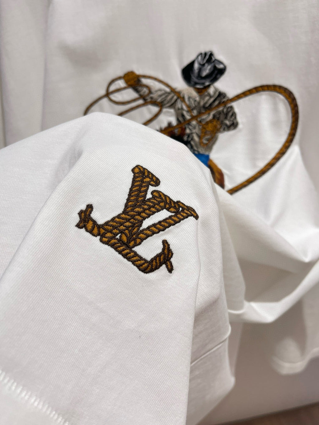 Louis Vuitton Men's Summer Cowboy Logo Pattern Print Embroidery Round Neck Cotton Short Sleeve T-Shirt #72461