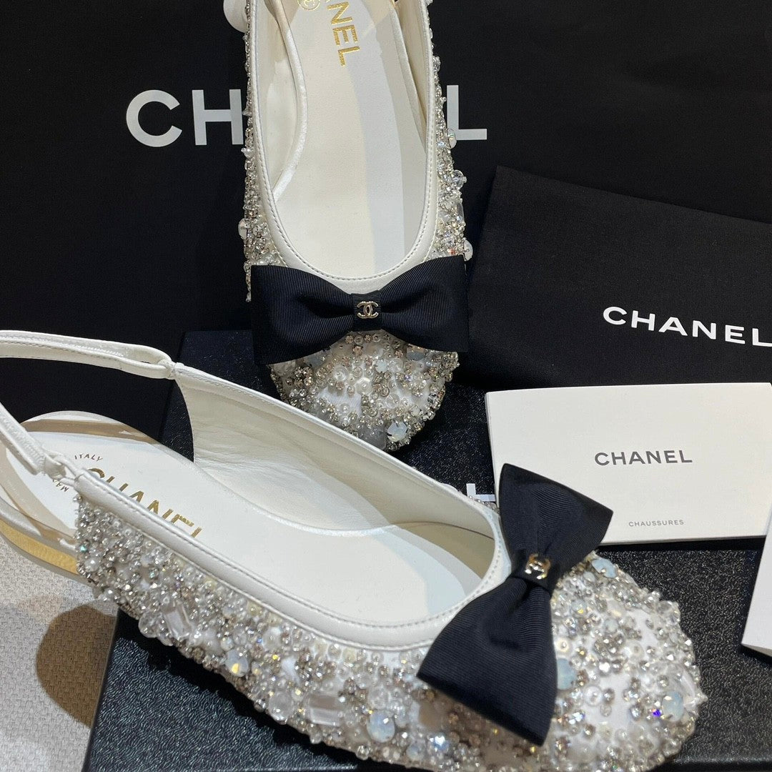 Chanel Women's Classic Fashion Spring Summer And Fall Bow Round Toe Diamond Mary Jane Shoes Slip-on Open Back Shoes #78228