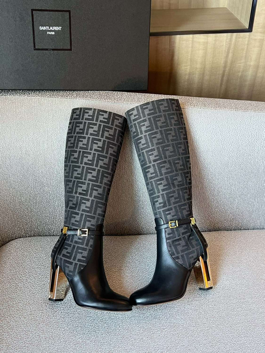 Fendi Women's Fall/Winter Fashion Classic Round Toe Leather FF Jacquard Fabric High Heel Knee High Boots Shoes #79223