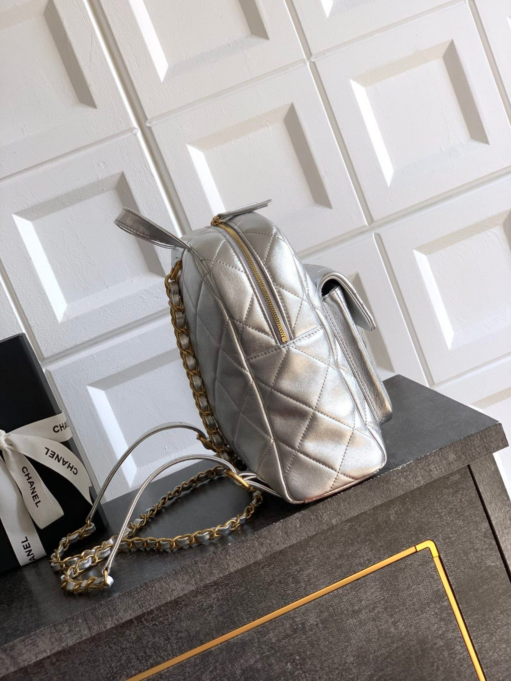 Chanel Women's Fashion Classic Solid Color Double Zip Leather Logo Backpack With Chain Straps Bag Bags AS5793-B22082-94305 #79454