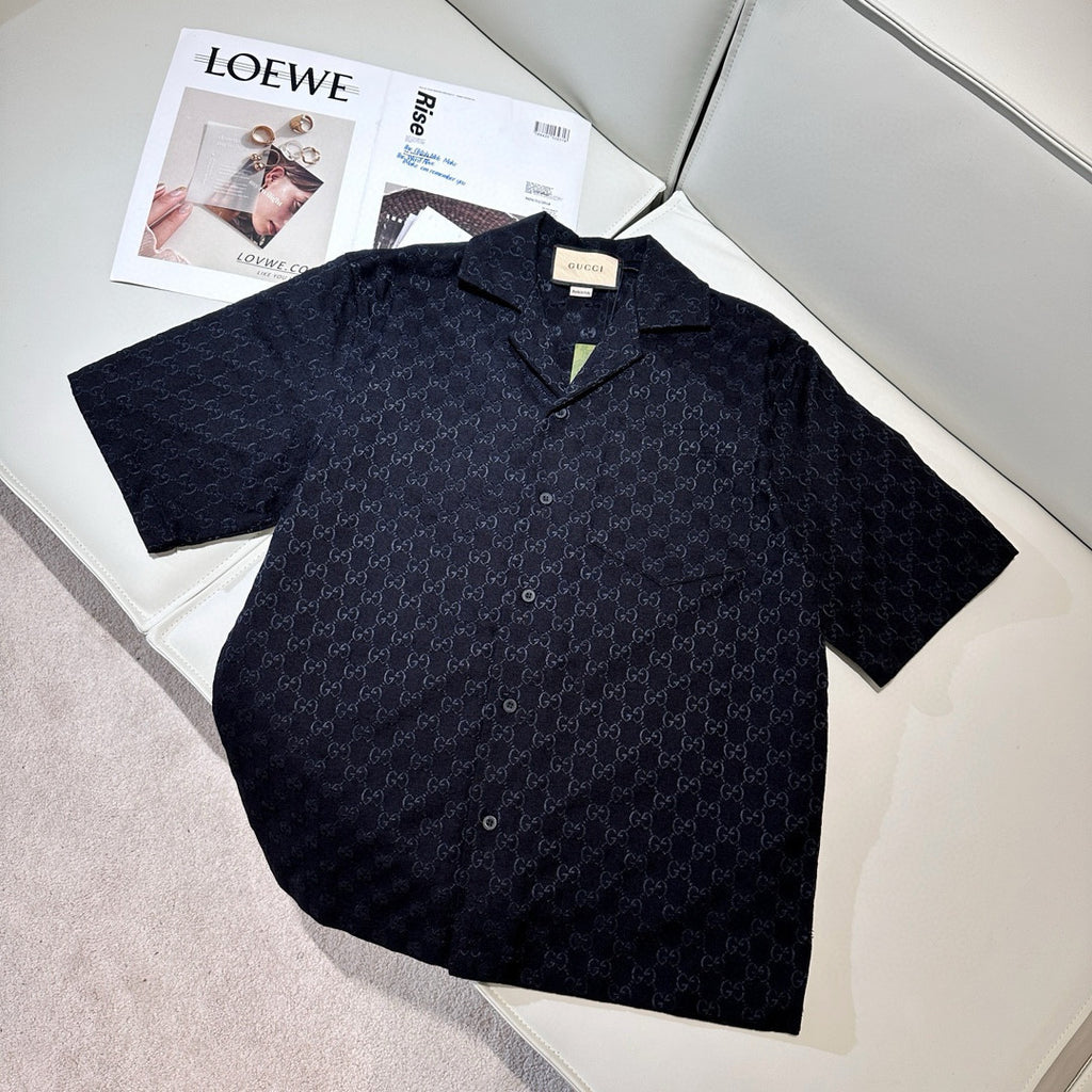 Gucci Men's Summer Black Full Printed Linen Short Sleeve Lapel Cotton Shirt Stretch Shorts Suit Set #98562