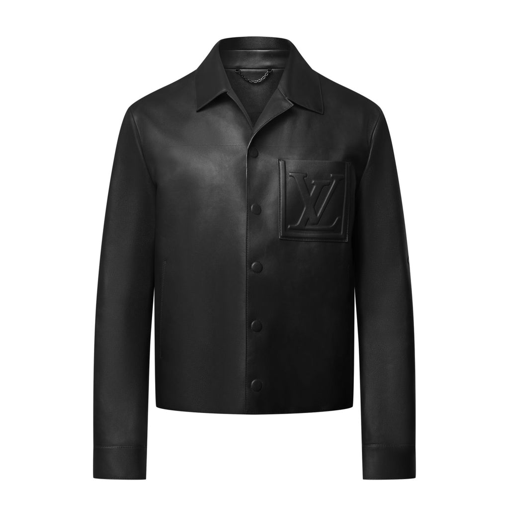 Louis Vuitton Men's Autumn and Winter Solid Color Embossed Leather Monogrammed Single Breasted Long Sleeve Jacket #74224