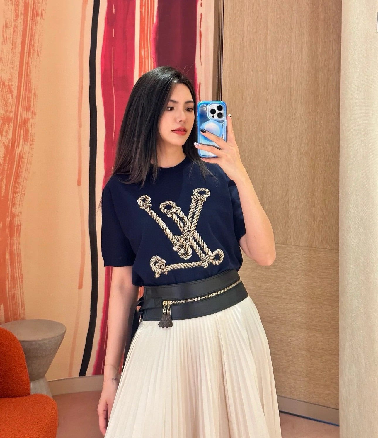 Louis Vuitton Women's Spring And Summer Nautical Series Blue Knitted T-shirt Fashion Trend Jacquard Casual Round Neck Top #81629