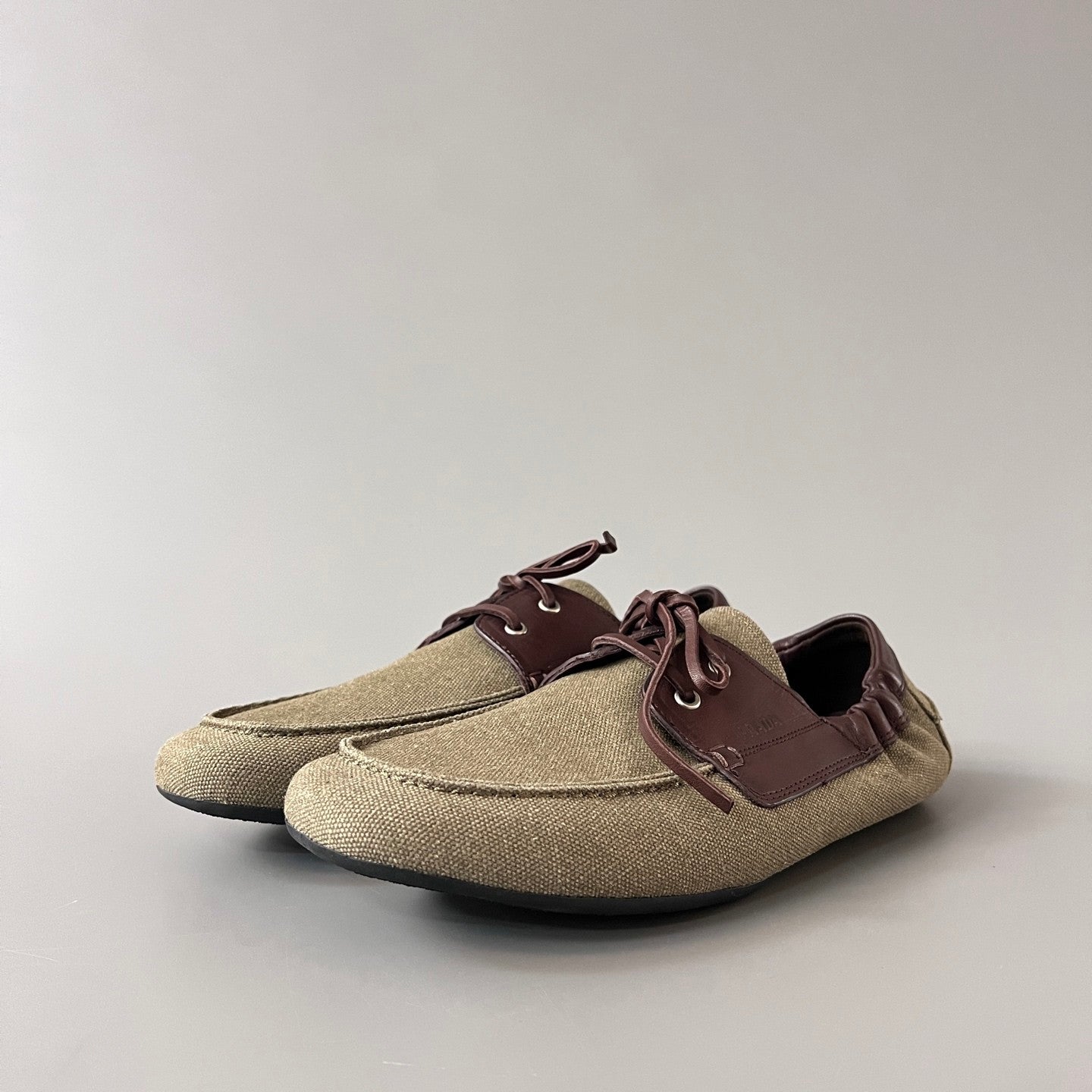 PRADA Shuffle Aged Canvas And Leather Boat Shoes #381722