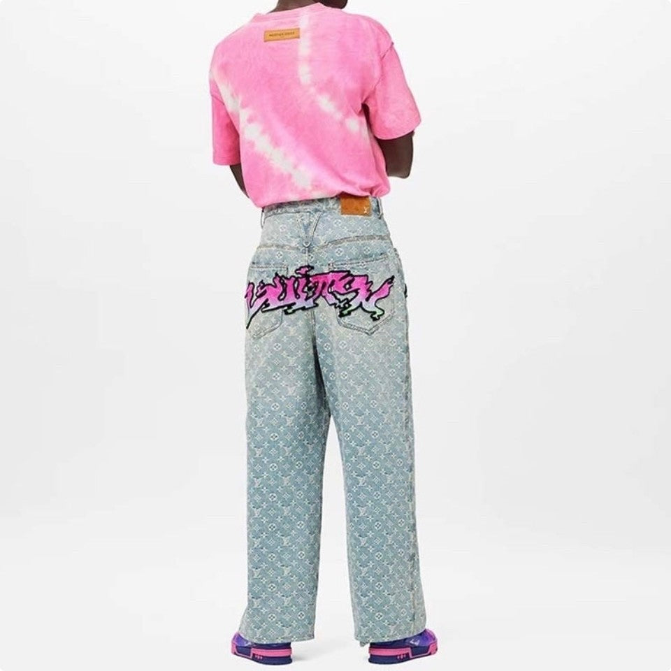 Louis Vuitton Men's Spring and Autumn Blue Logo Full Print Letter Graffiti Jeans Pants #73256