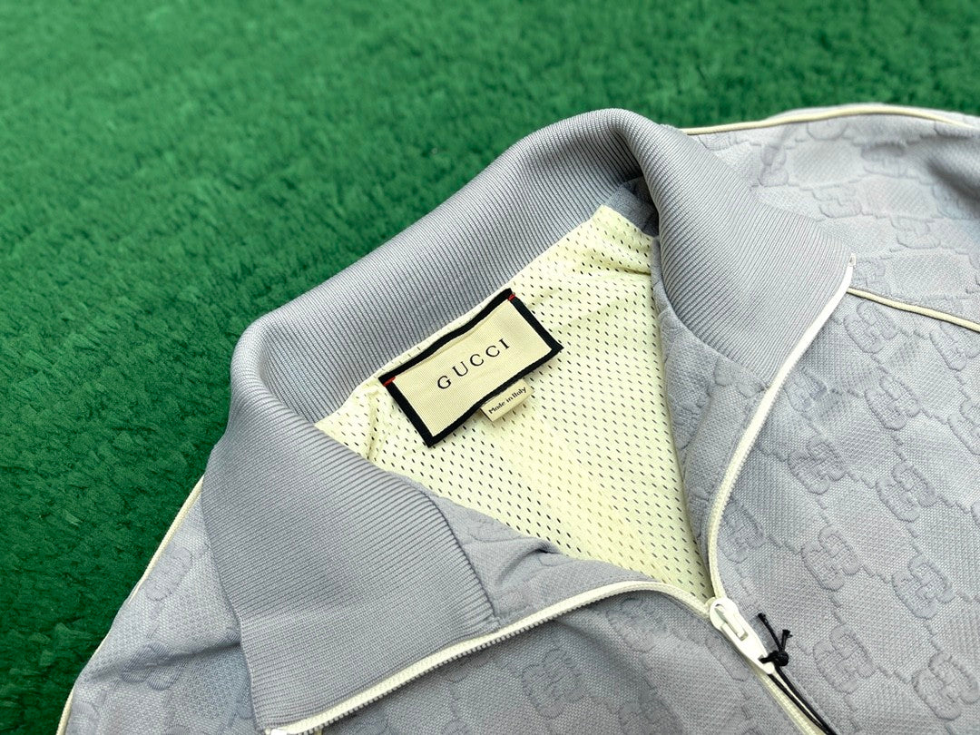 Gucci Men's Spring and Autumn Gray Letter Logo Full Print Zipper Long Sleeve Jacket Drawstring Tie Sweatpants Pants Suit Set #72978