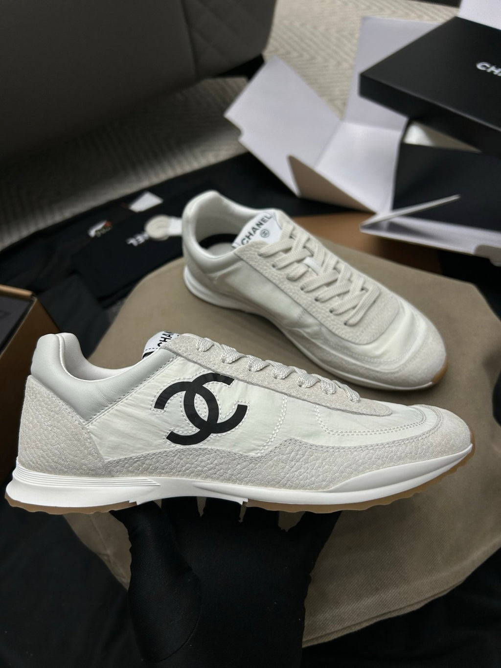 Chanel Sneakers Fabric Embossed Suede Calfskin White Black #379143