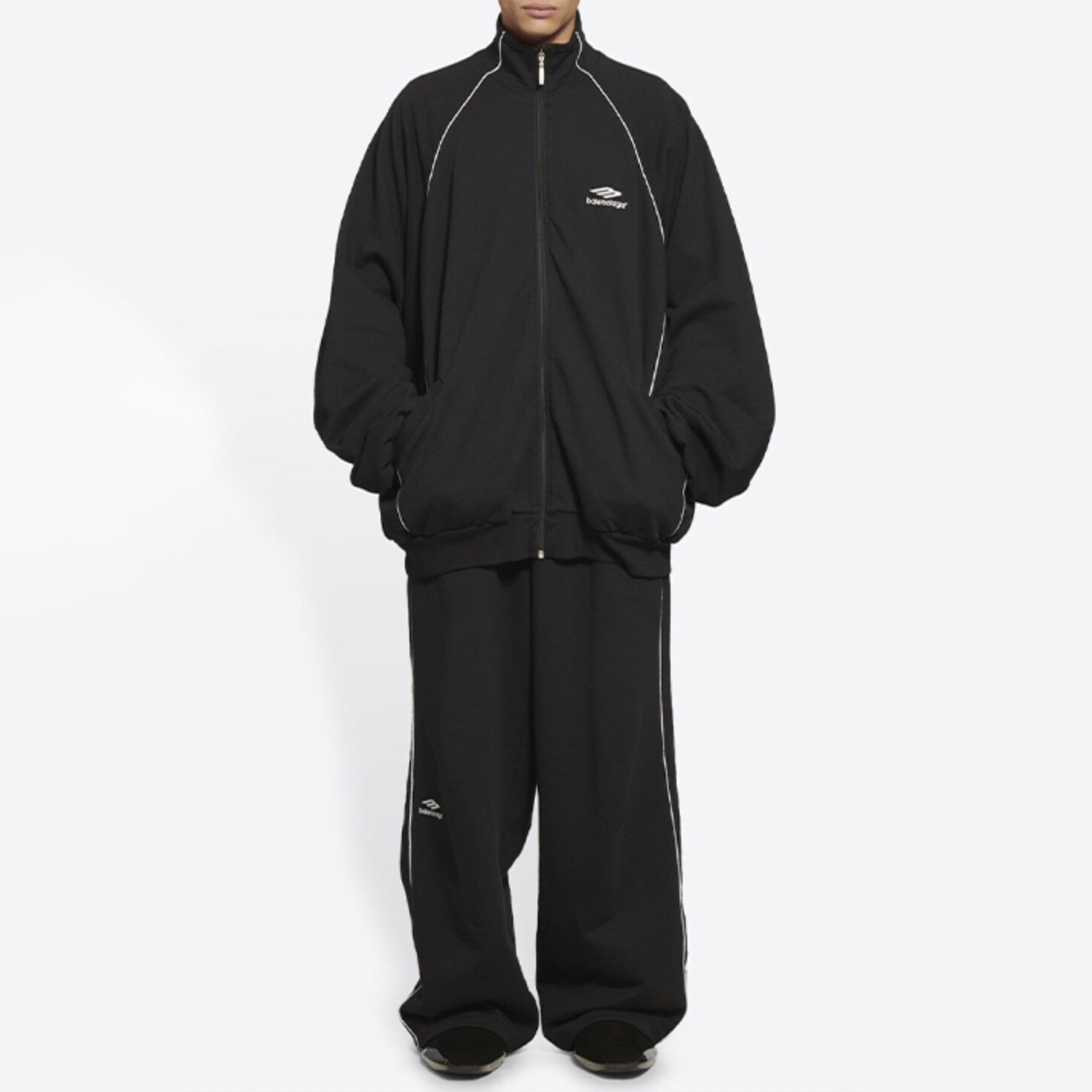 Balenciaga Men's Spring and Autumn Black Logo Printed Standing Collar Zipper Sports Jacket Loose Midriff Casual Pants Suit Set #73687