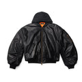 Balenciaga Men's Women's Spring and Autumn Long Sleeve Zipper Loose Black Glossy Cowhide Hooded Aviator Jacket Ngvp #7844