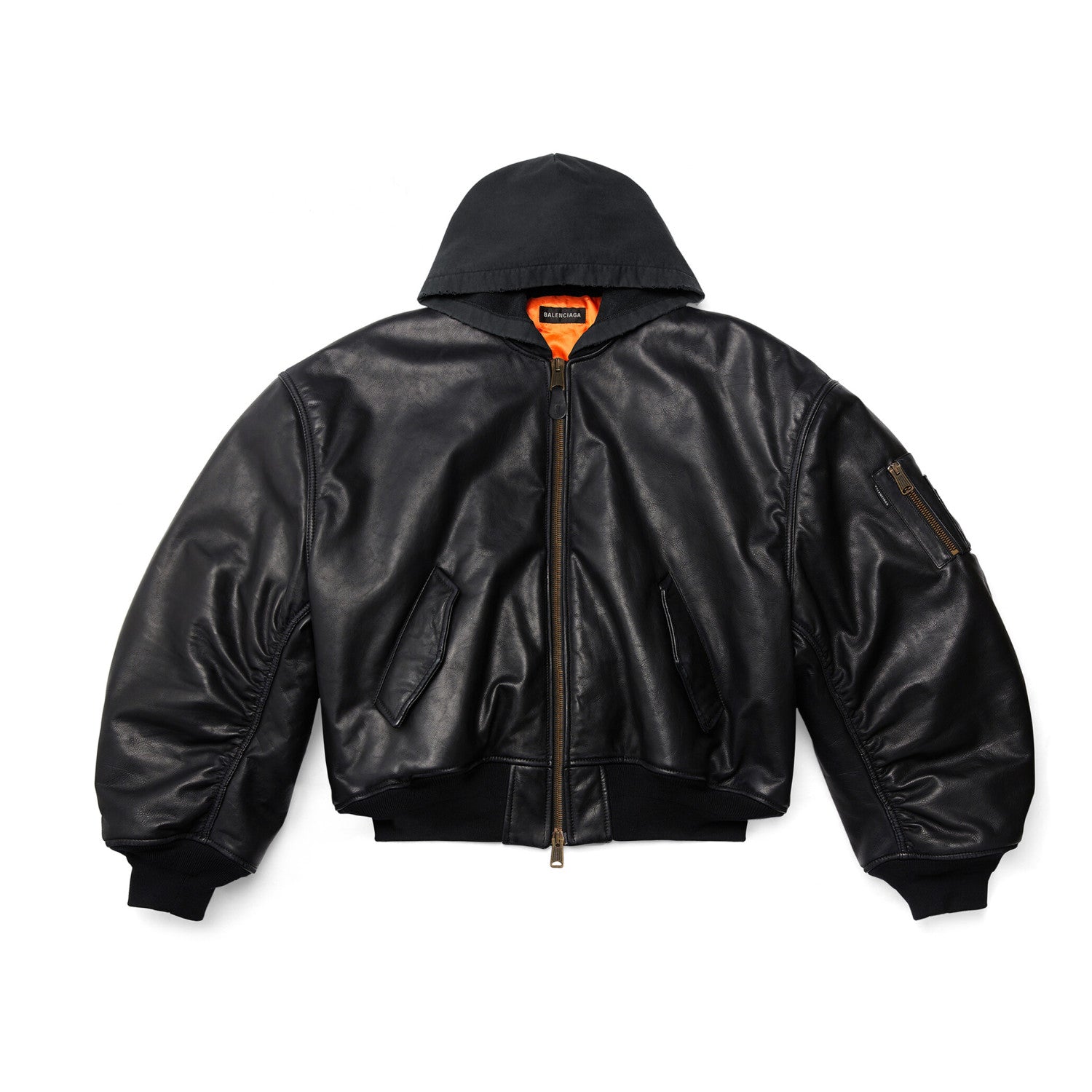 Balenciaga Men's Winter Black Zipper Long Sleeve Hooded Pilot Loose Leather Jacket Ngvp #6986