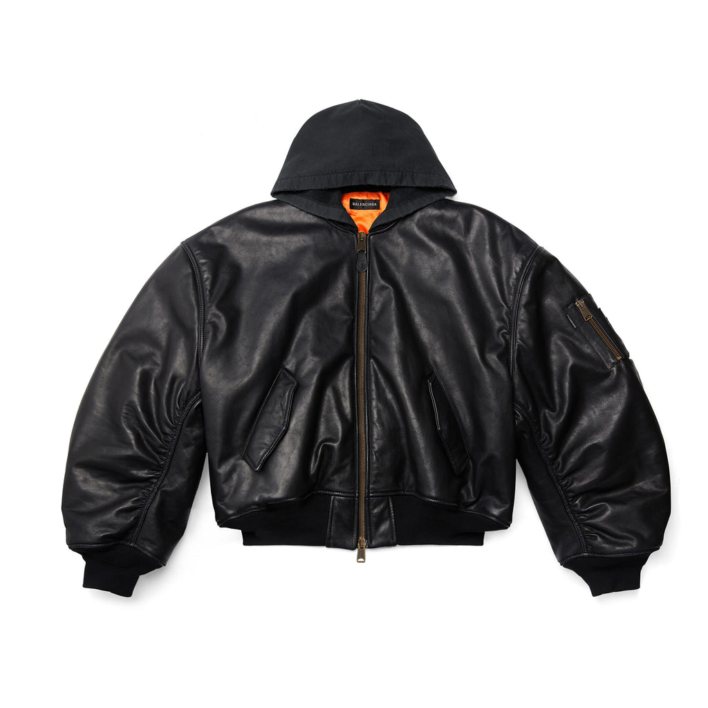 Balenciaga Men's Winter Black Zipper Long Sleeve Hooded Pilot Loose Leather Jacket Ngvp #6986