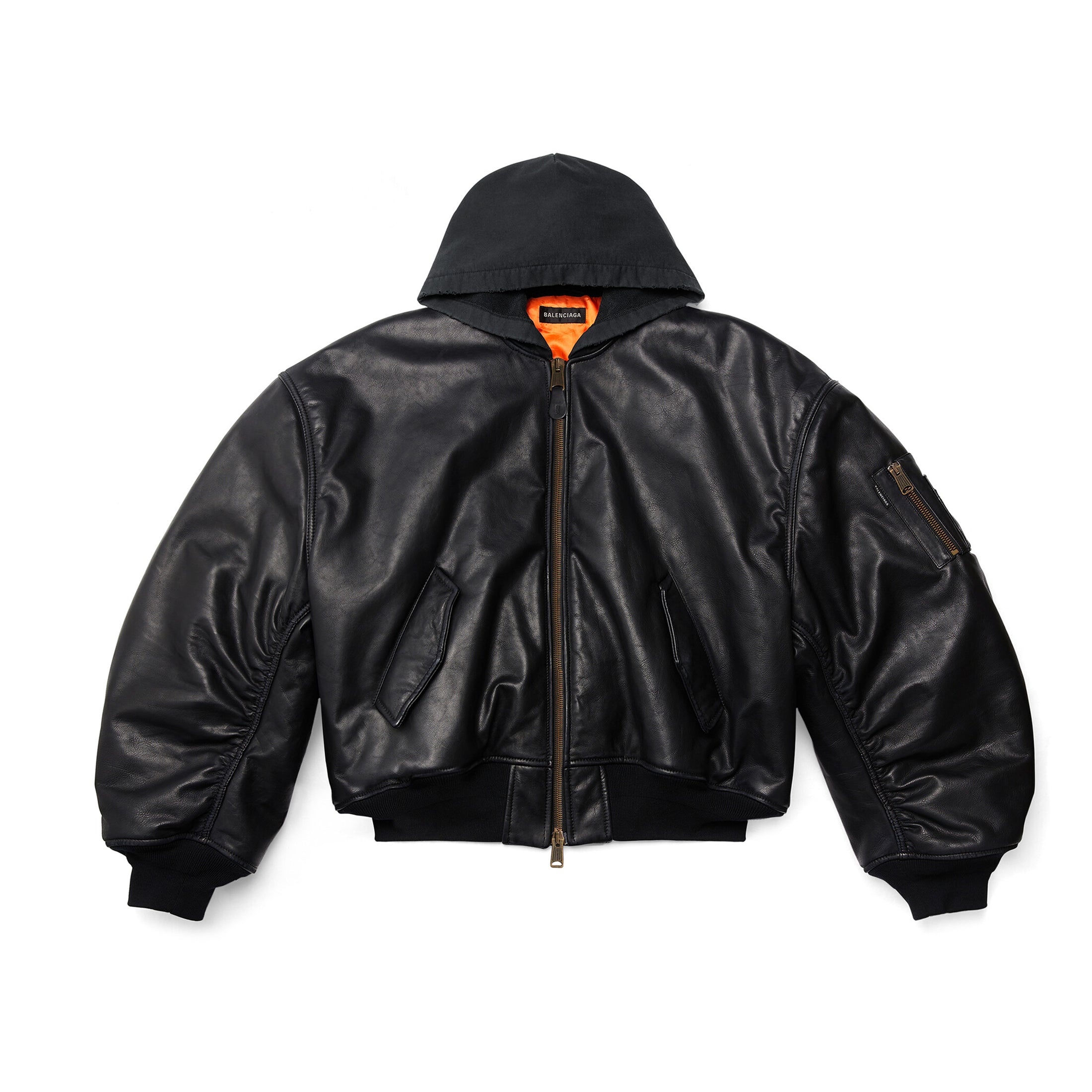 Balenciaga Men's Winter Black Zipper Long Sleeve Hooded Pilot Loose Leather Jacket Ngvp #6986