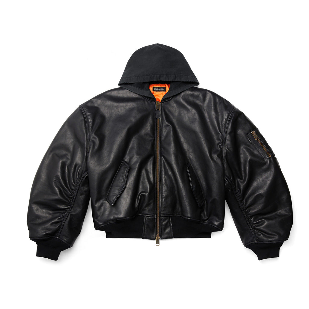 Balenciaga Men's Women's Spring and Autumn Long Sleeve Zipper Loose Black Glossy Cowhide Hooded Aviator Jacket Ngvp #7844