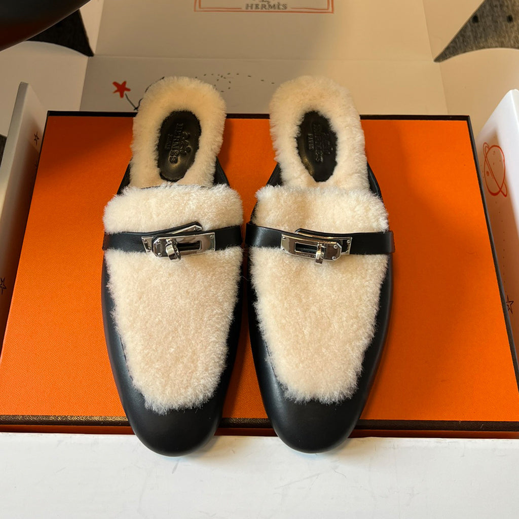 Hermes Women's Winter Head-Covering Half-Support Shoes Casual Solid Color Oz Flat Mule Slippers #81518