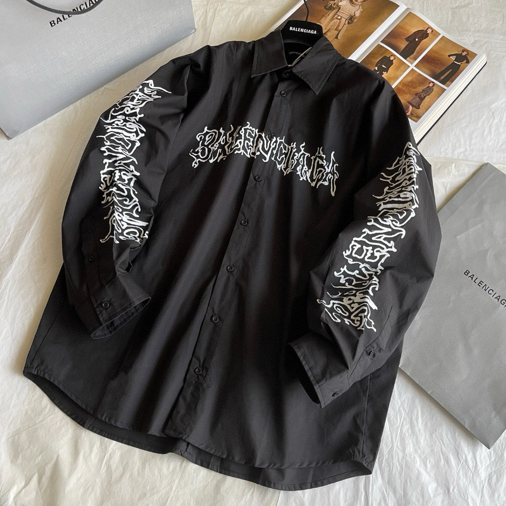 Men's Spring Summer DIY Metal Outline Engineered Black Cotton Poplin Large Silhouette Single Breasted Long Sleeve Shirt #98843