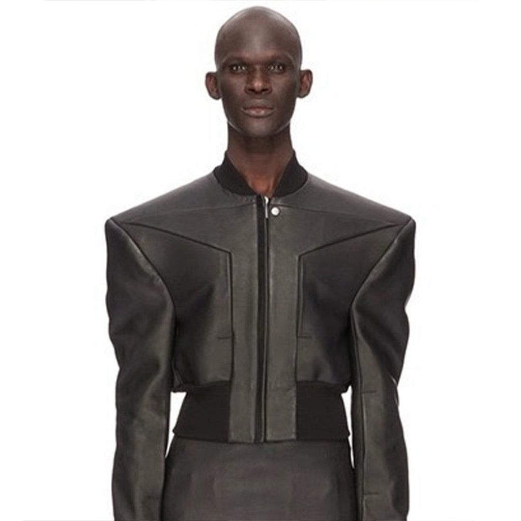 Rick Owens Men's Spring And Autumn Standing Collar Short Shoulder Padded Leather Jacket High Street Hip Hop Zip Long Sleeve Leather Jacket Ngvp #9828