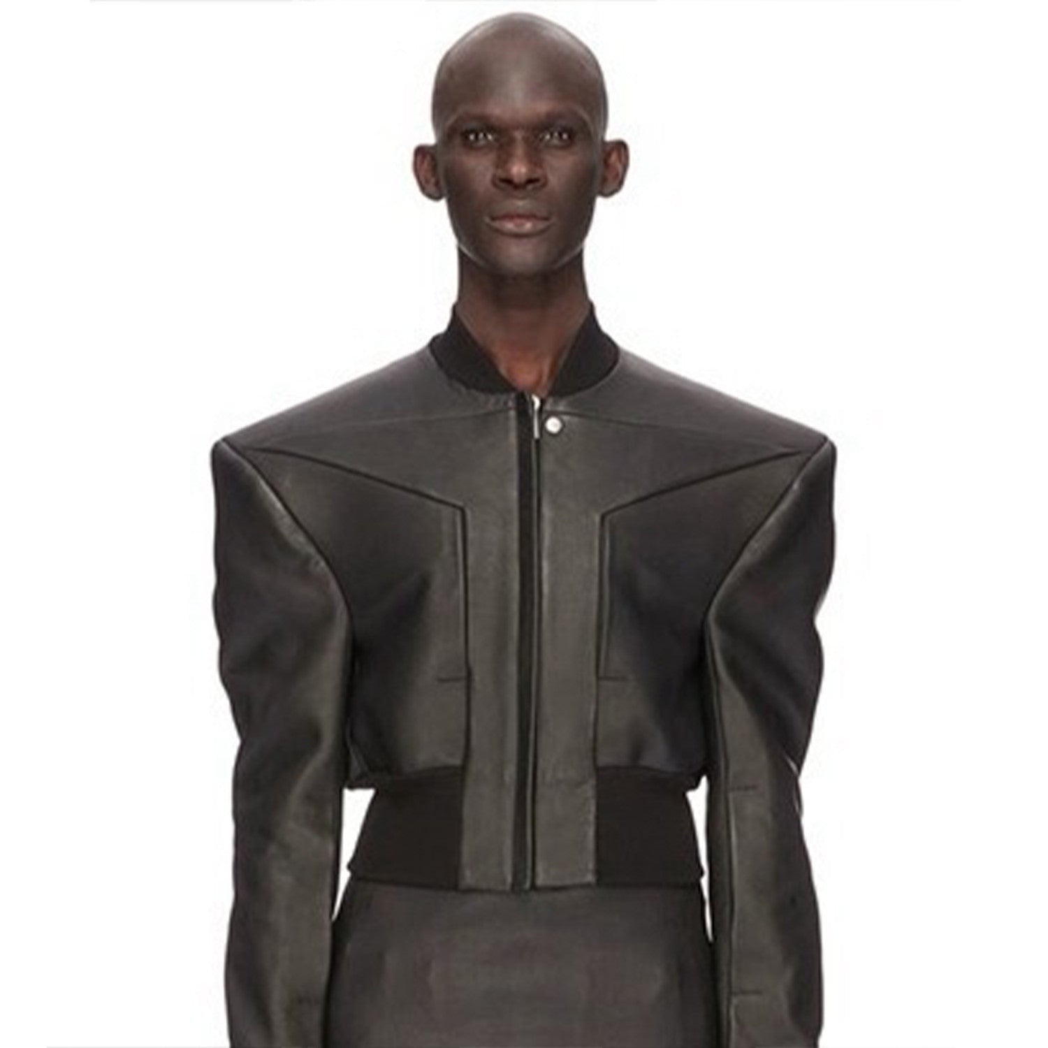 Rick Owens Men's Spring And Autumn Standing Collar Short Shoulder Padded Leather Jacket High Street Hip Hop Zip Long Sleeve Leather Jacket Ngvp #9828