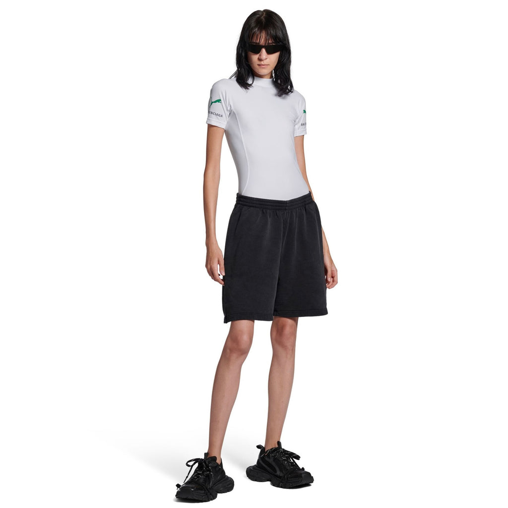 Balenciaga x PUMA Women's and Men's CAT Print White Technical Stretch Fabric Fitted T-shirt #333096