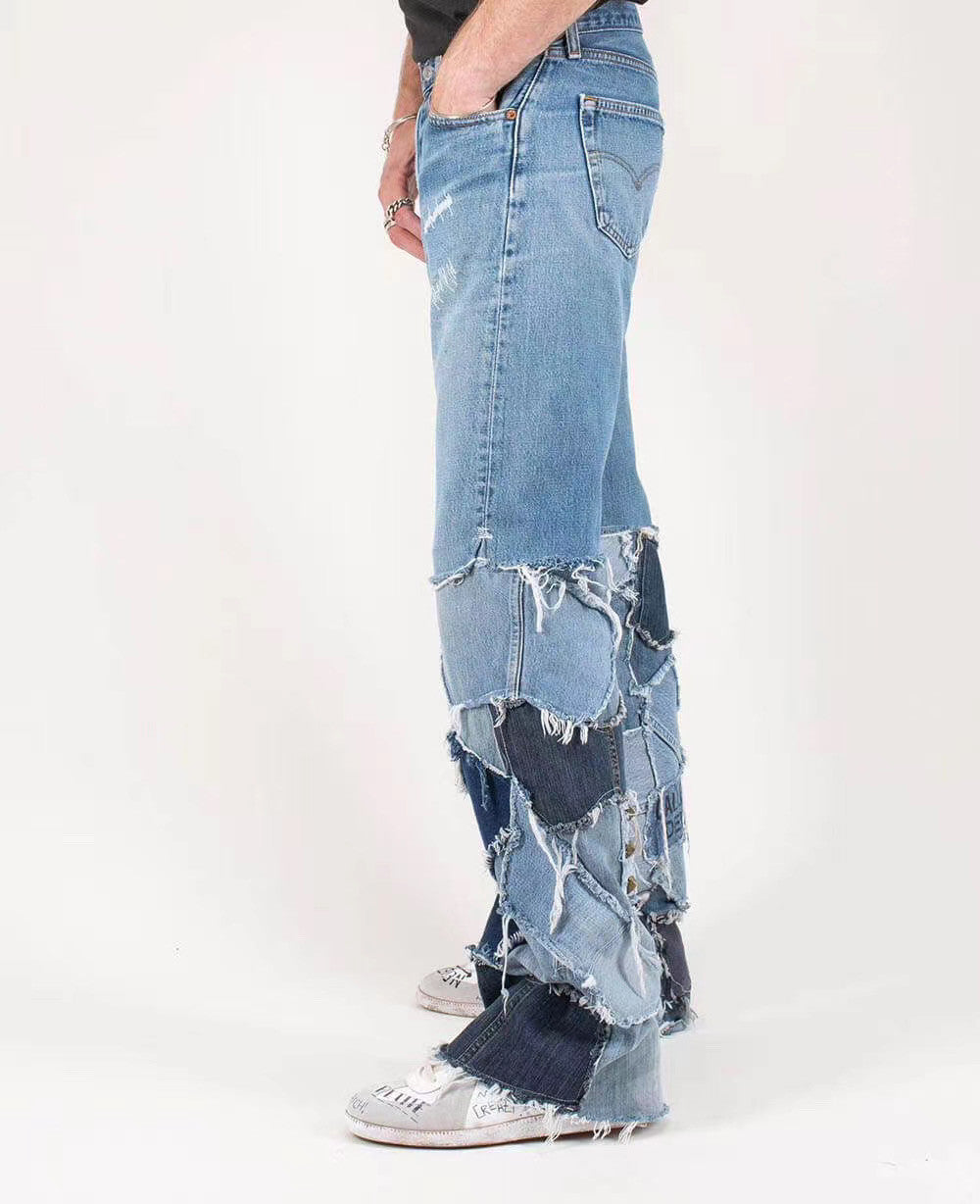 Gallery Dept. Men's Spring And Fall Solid Color Splicing Do Old Loose Wide-Leg Denim Pants Ngvp #8751