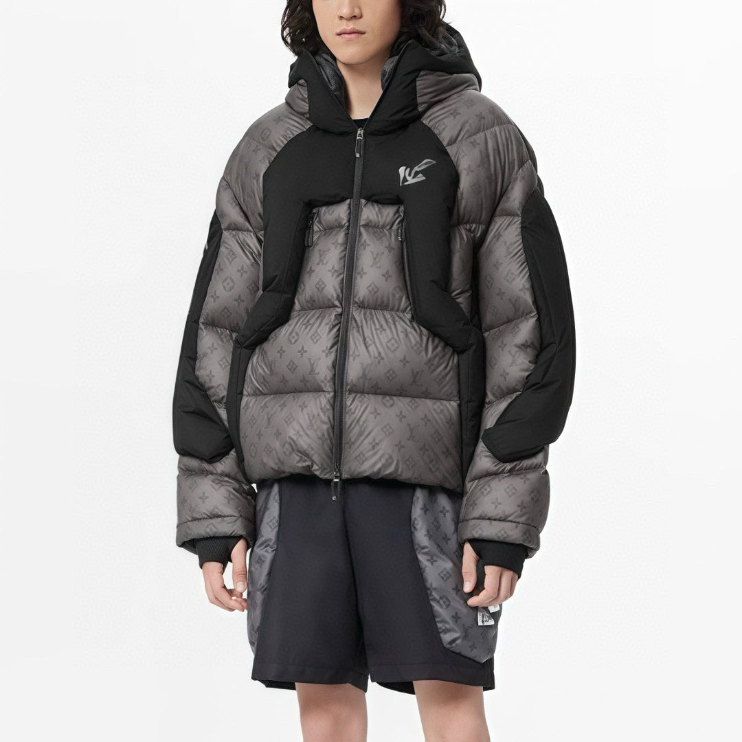 Louis Vuitton Men's Autumn and Winter Letter Printing Splicing Nylon Waterproof Fabric Warm Feeling Color Changing Hooded Zipper Long Sleeve Puffer Down Jacket #74186