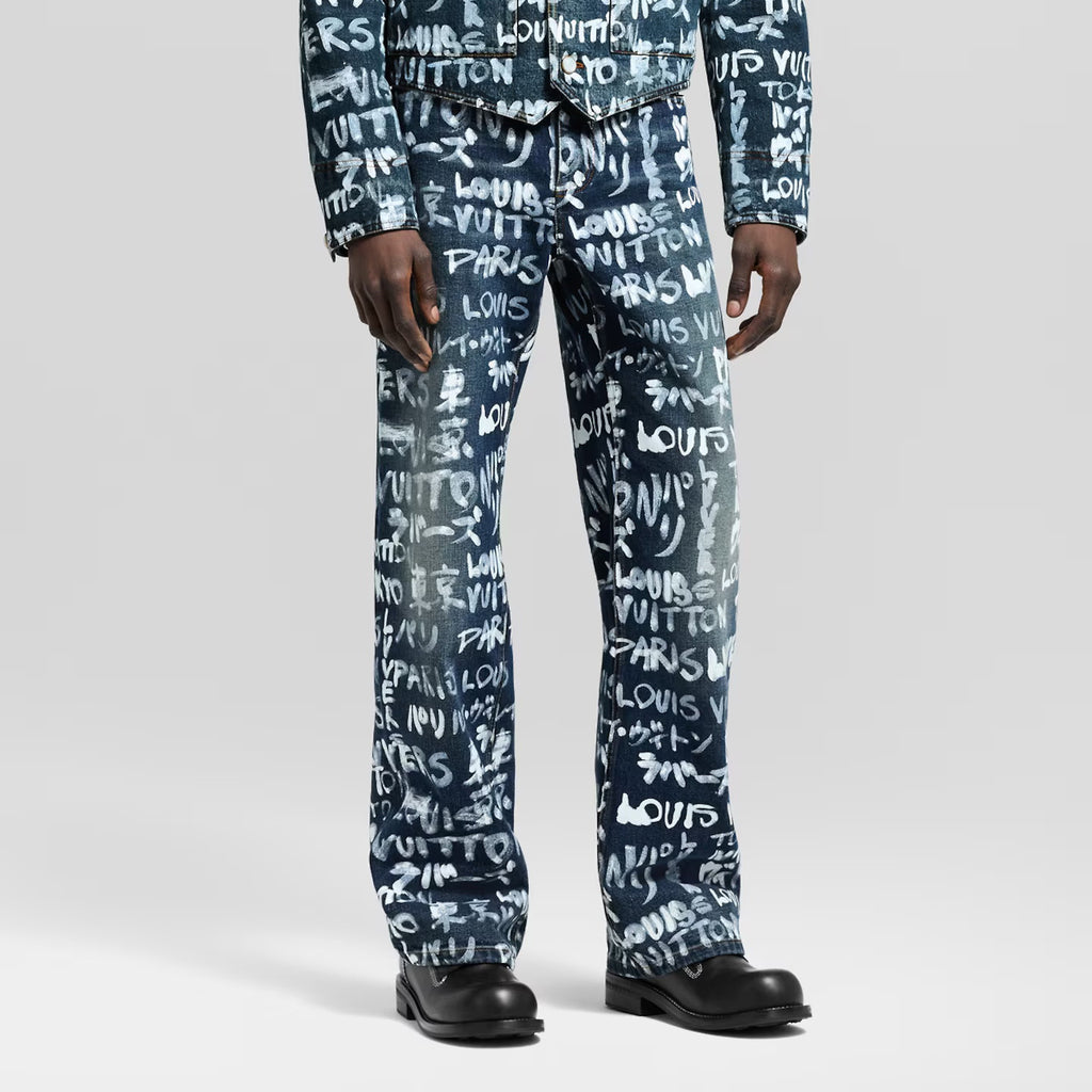 Louis Vuitton Men's Spring/Fall Fashion Casual Full Letter Graffiti Jeans Pants #79433