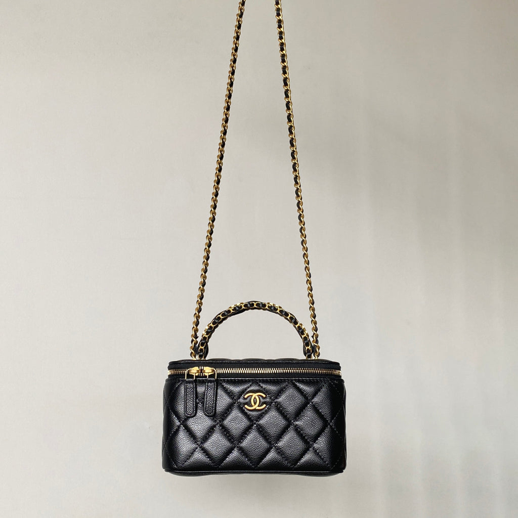 Chanel Women's Retro Vanity Series Solid Color Double C Adjustable Buckle Plaid Leather Shoulder Crossbody Casual Cosmetic Bag Bags #77895