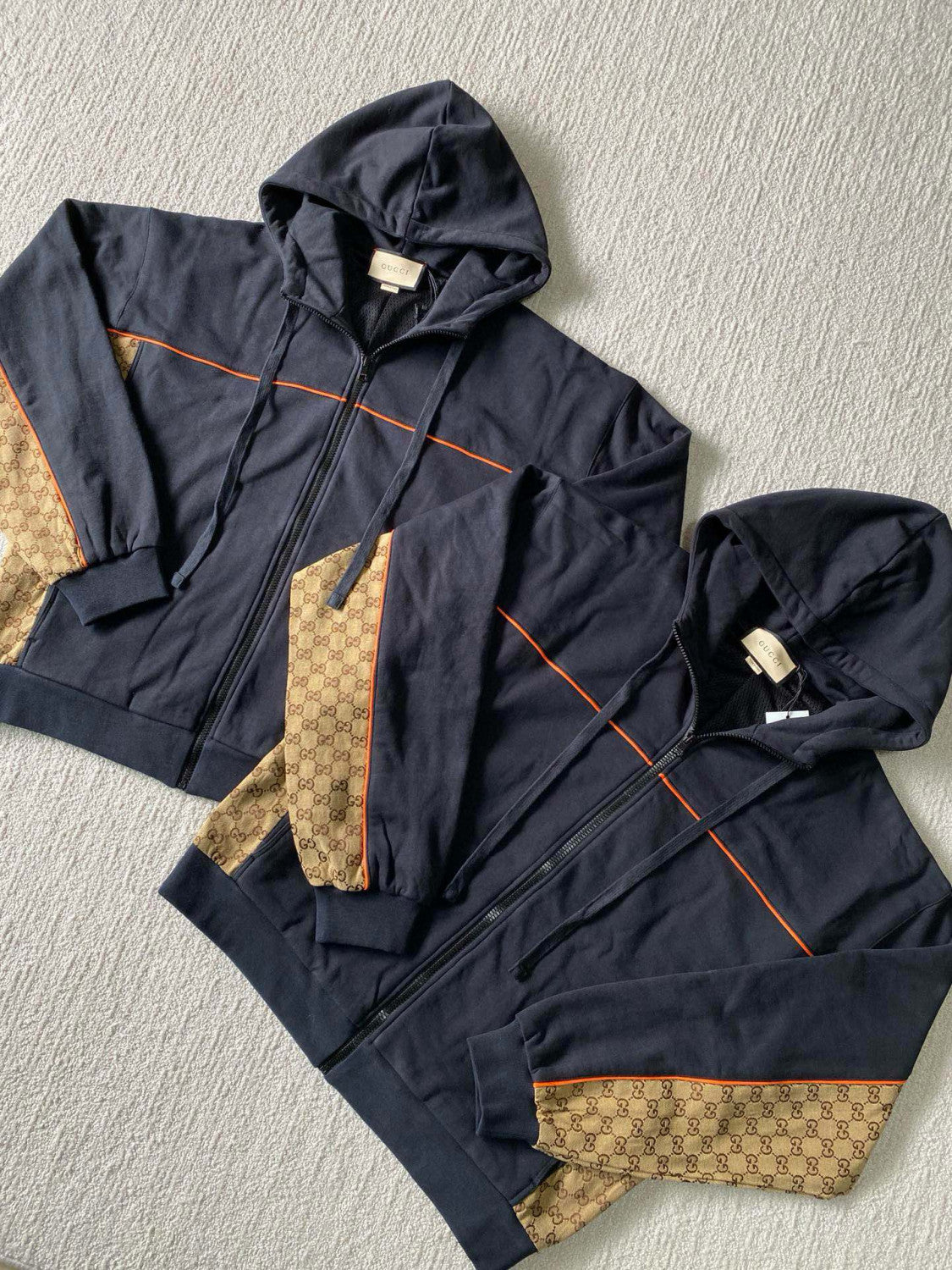 Gucci Men's Spring and Autumn Patchwork Logo Jacquard Zipper Hooded Long Sleeve Jacket Lace-Up Casual Shorts Pants Suit Set #98839