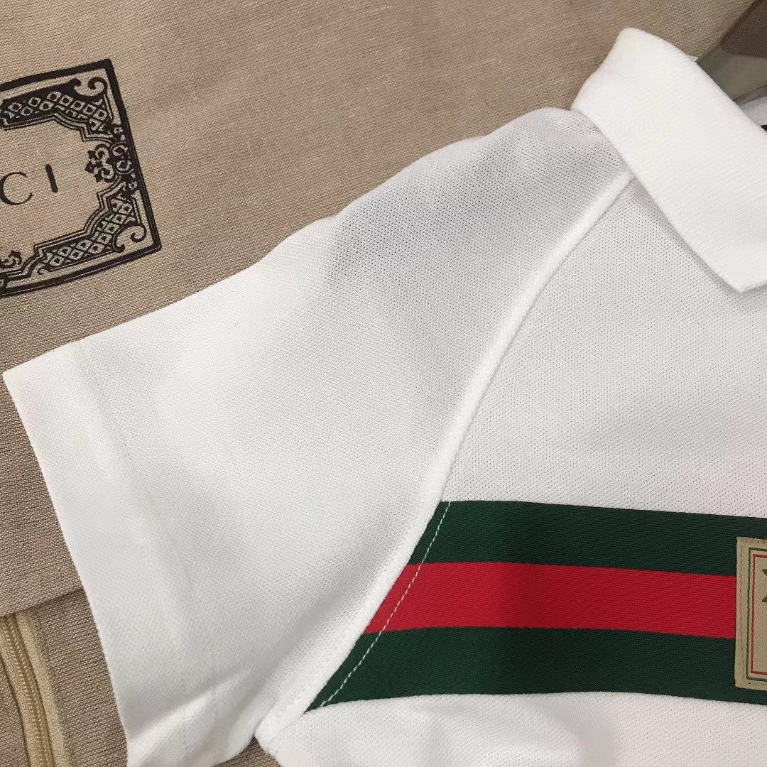 Gucci Kid's Summer Solid Color Striped Cotton Webbing Straight Short Sleeve Fitted Polo Shirt #31274
