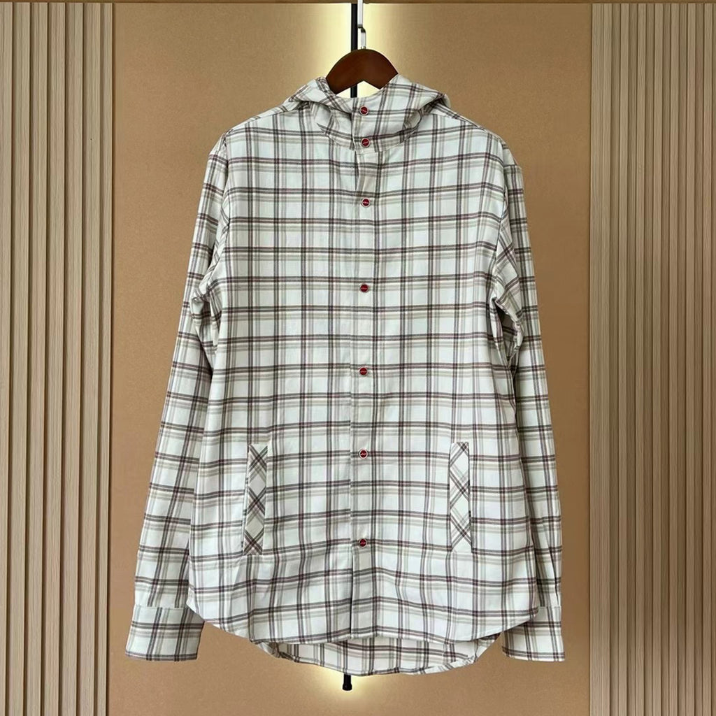 Kiton Men's Spring And Fall Retro Plaid Hooded Shirt Long-sleeved Lapel Buttons Fashion Casual Denim Cotton Shirt Ngvp #8879