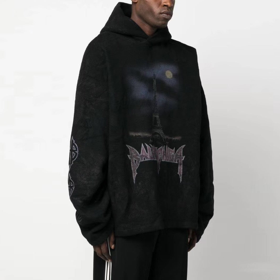 Balenciaga Men And Women With The Same Models Spring And Fall Do Old Do Fake Holes Washed Hooded Sweatshirt Pullover Paris Moon No Pocket Hoodie Oversized Black Faded #72926