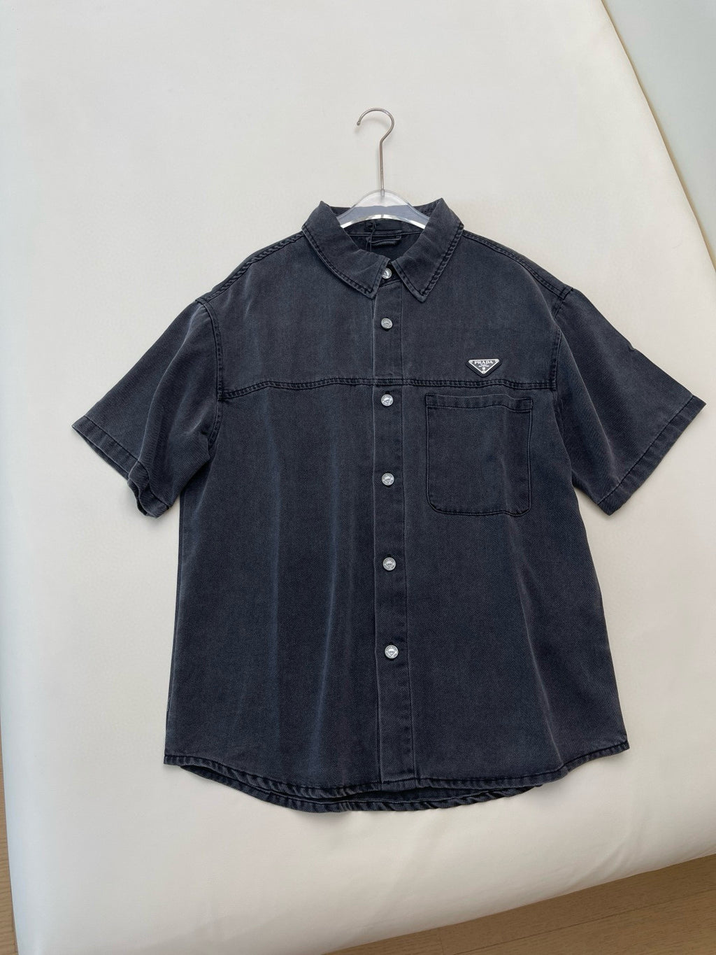 Prada Men's Early Autumn Men's Women's Lycra Denim Shirt. Triangle Logo Vintage Gray Short Sleeve Lapel Shirt Polo T-shirt  #81617
