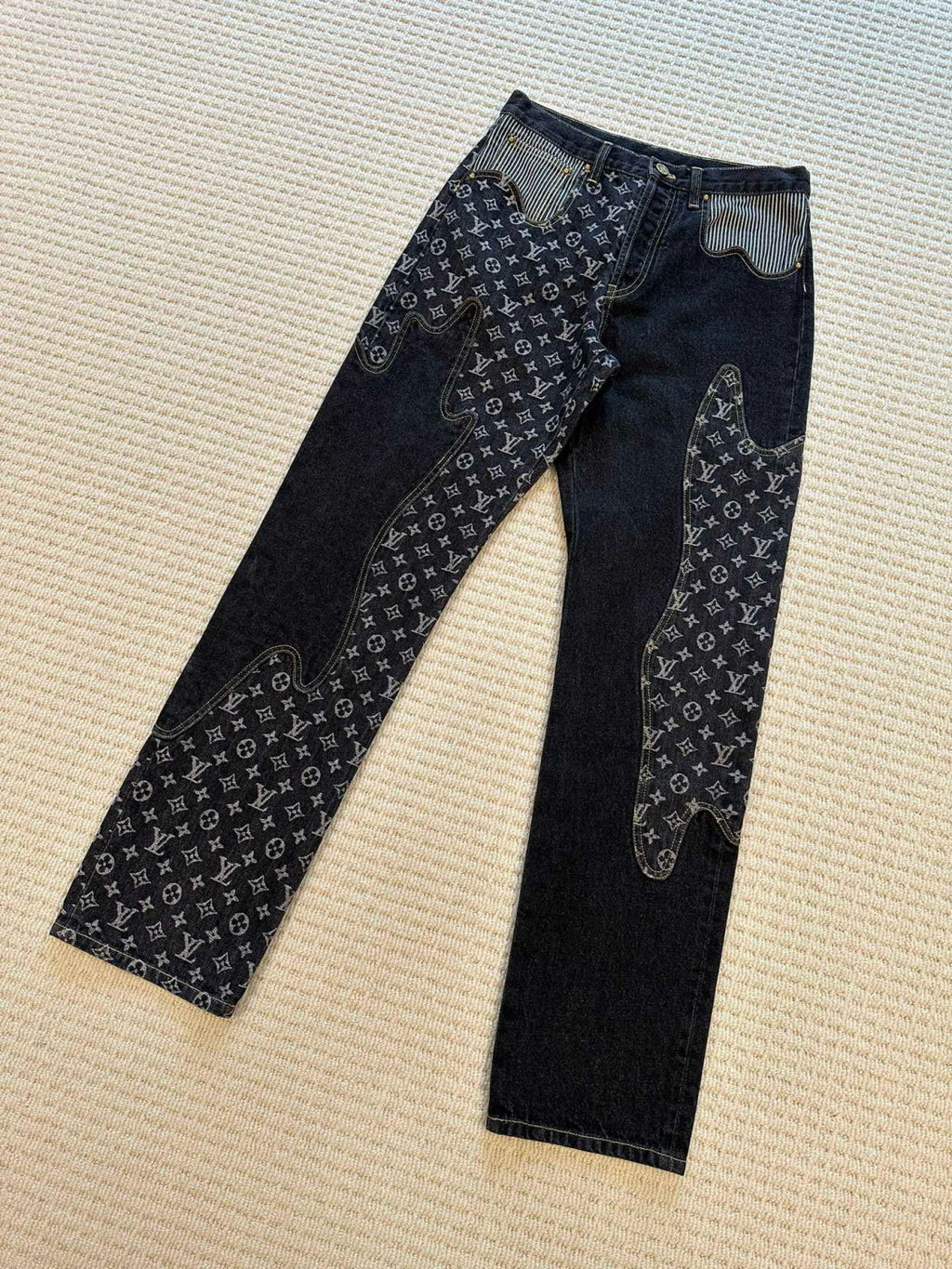 Louis Vuitton X 2 Collaboration Men's Spring And Summer Structural Splicing Monogram Flower Denim Pants Fashionable Casual Wide Leg Pants #71849