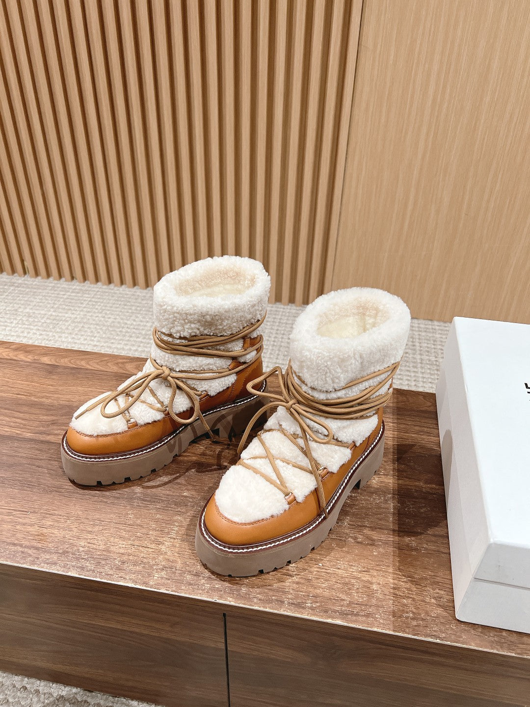 Celine Bulky Lace Up Boot in Shearling and Calfskin #292286