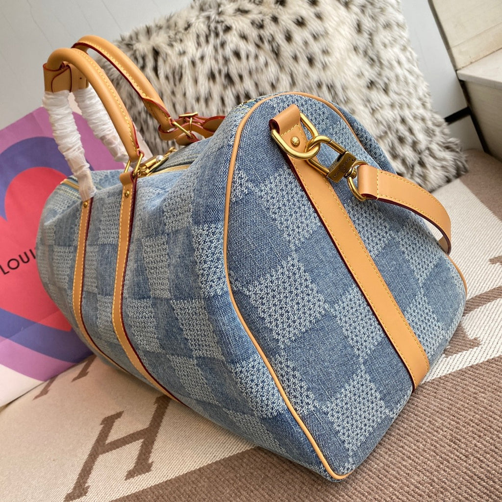 Louis Vuitton Keepall Bandoulière 50 Men's and Women's Detachable Adjustable Shoulder Strap Zipper Closure Denim Step Shoulder Tote Travel Bag Bags #75562