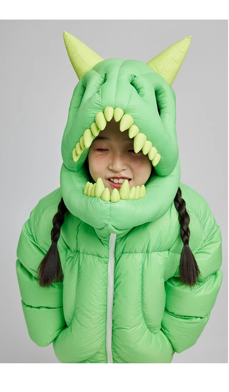 Kid's Autumn And Winter Solid Color Three-Dimensional Cutting Dinosaur Cap Hooded Loose Long-Sleeved Puffer Down Jacket #31323