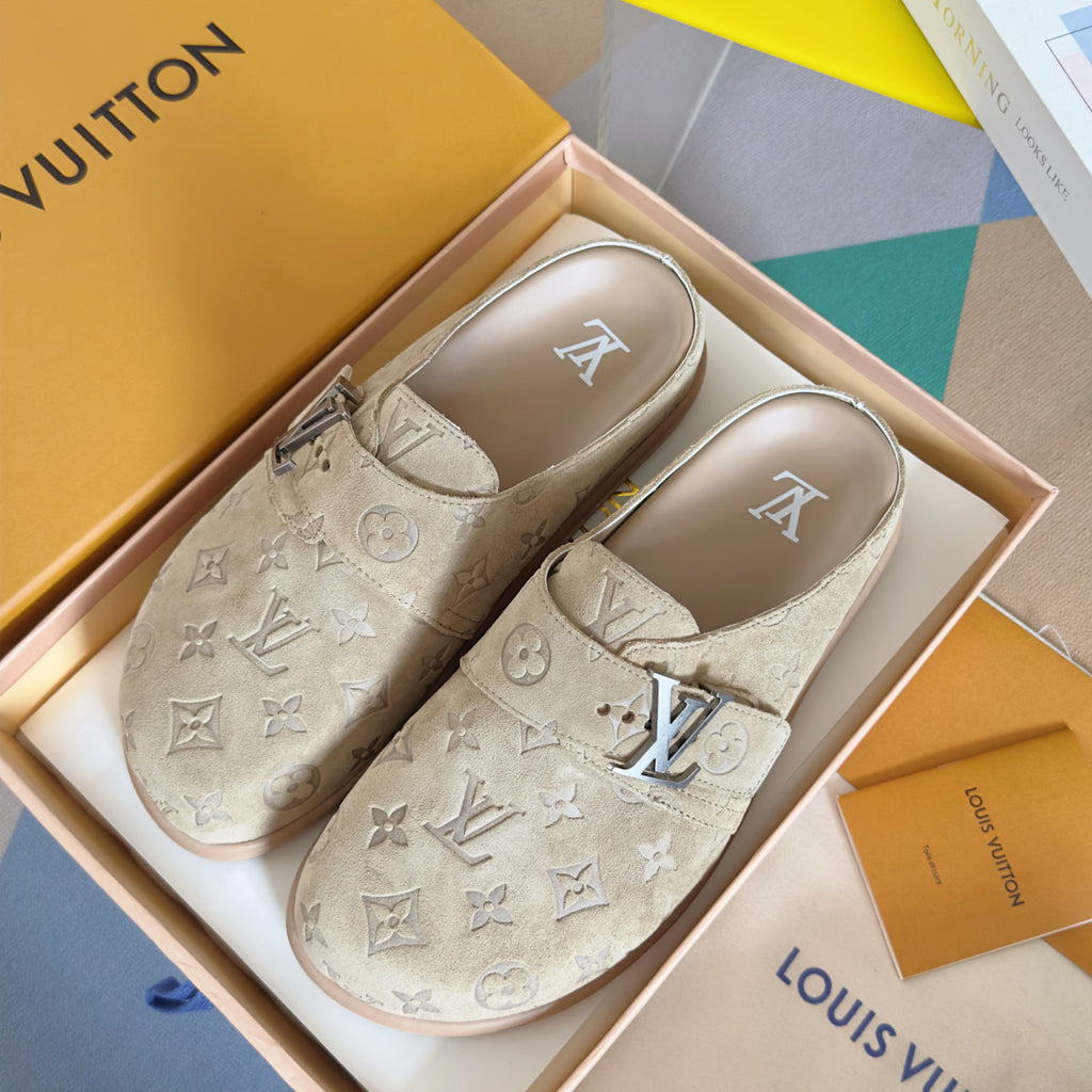 Louis Vuitton LV Easy Mule Men's Summer Solid Color Letter Print Suede Leather Birkenstock Shoes #77696