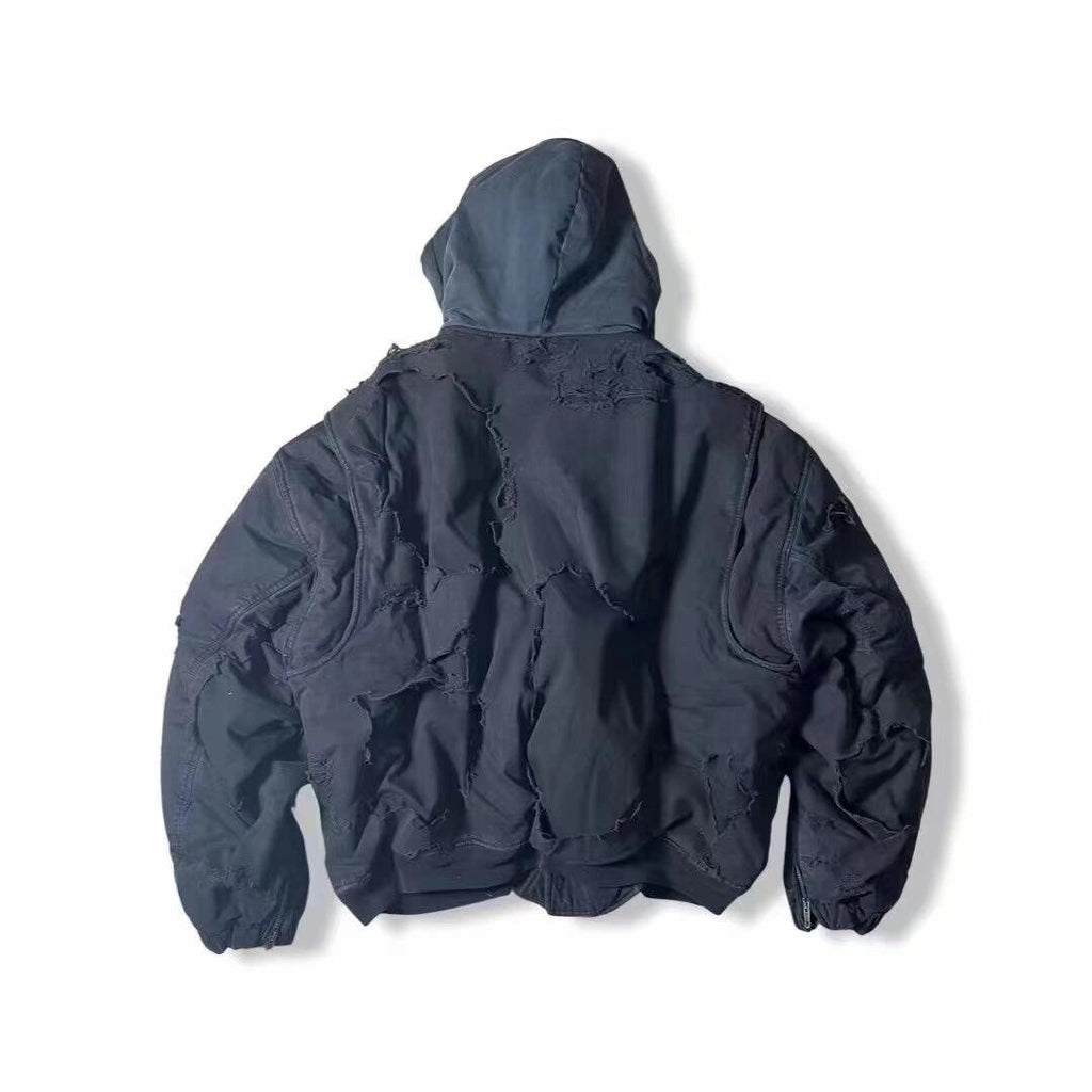 Balenciaga Men's Big Destruction Distressed Flight Suit Hooded Lamb collar zippered jacket #332593