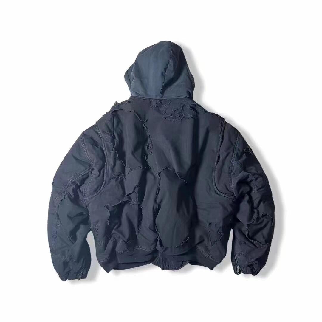 Balenciaga Men's Big Destruction Distressed Flight Suit Hooded Lamb collar zippered jacket #332593