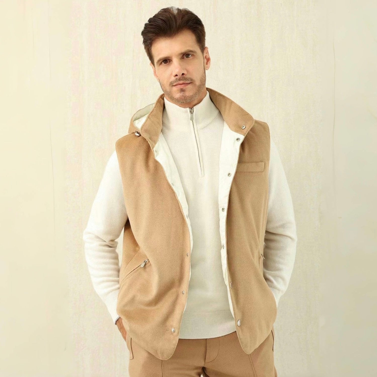 Brunello Cucinelli Men's Spring/Autumn Detachable Hooded Solid Color Single-Breasted Bonded Wool Flannel Down Vest Ngvp #2293