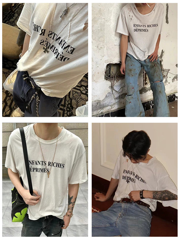Enfants Riches Deprimes Men's Summer Letter Pattern Print Retro Casual Loose Straight Solid Color Cotton Short Sleeve T-Shirt #99365
